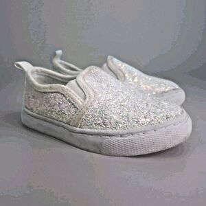Cat & Jack Toddler Girls Size 6 Madigan White Glitter Sparkle Slip-On Sneakers